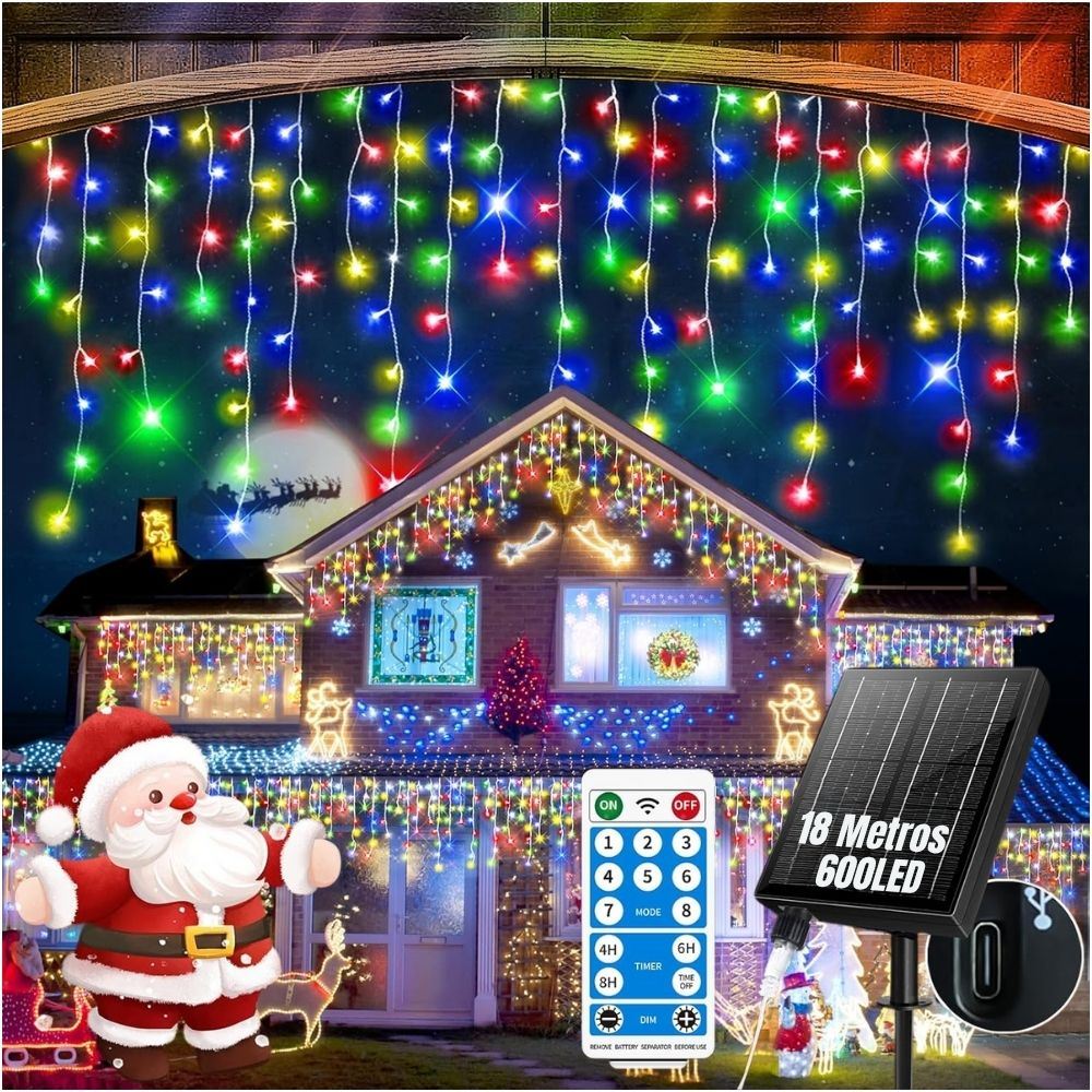 Luces Cortina Solares de 18 Metros Amarillas con 8 Modos, Control Remoto y Encendido Automático Día/Noche